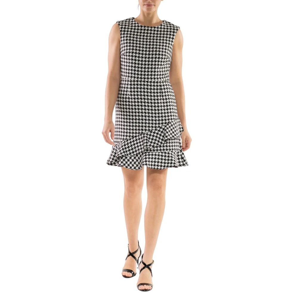 Julia Jordan A-Line Mini Dress NWT Sz 10 Houndstooth Sleeveless High Neck Ruffle - Picture 3 of 9